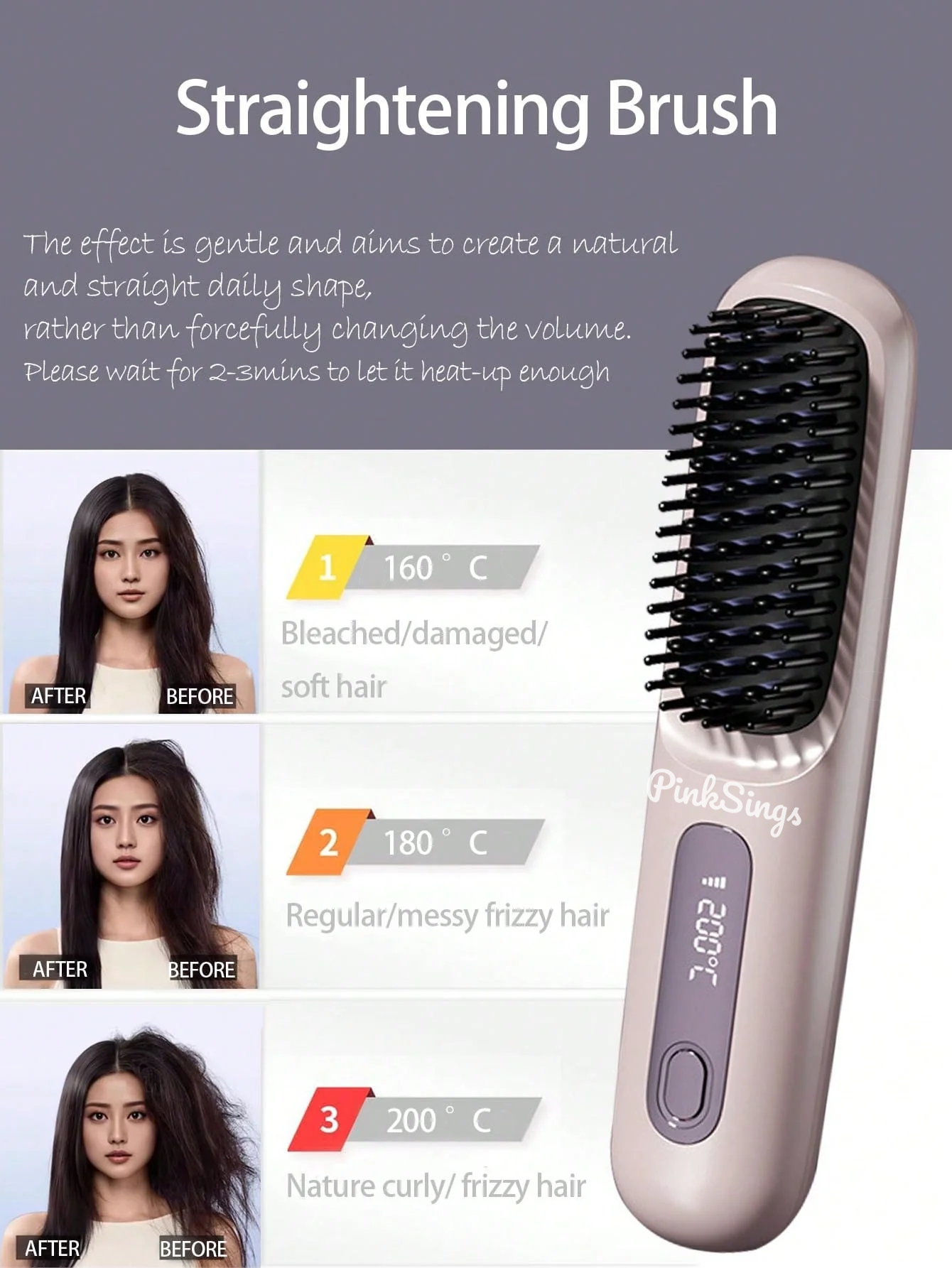 Pinksings Cordless Hair Straightener Brush