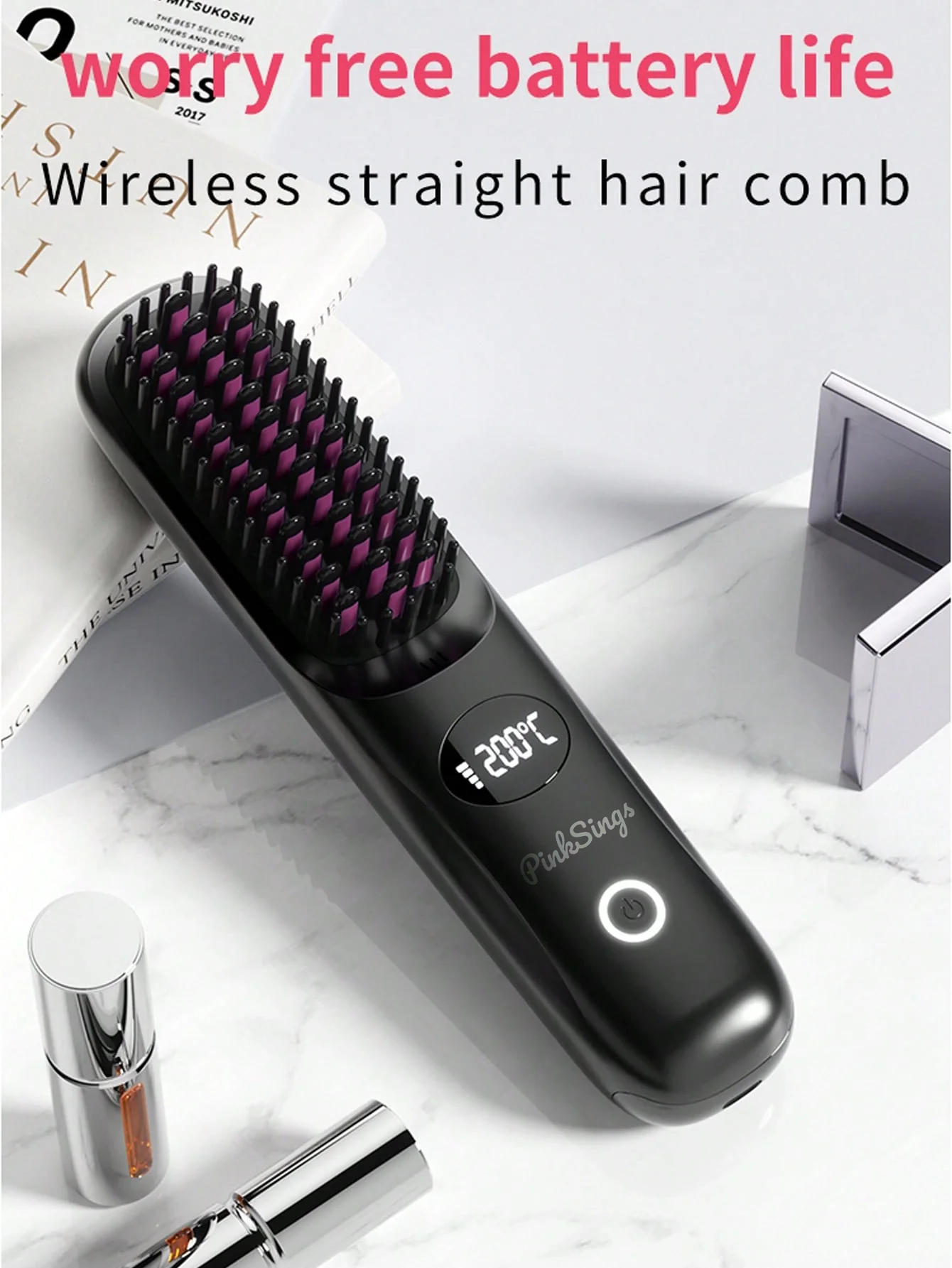 PinkSings Cordless Mini Compact Hair Straightener Brush