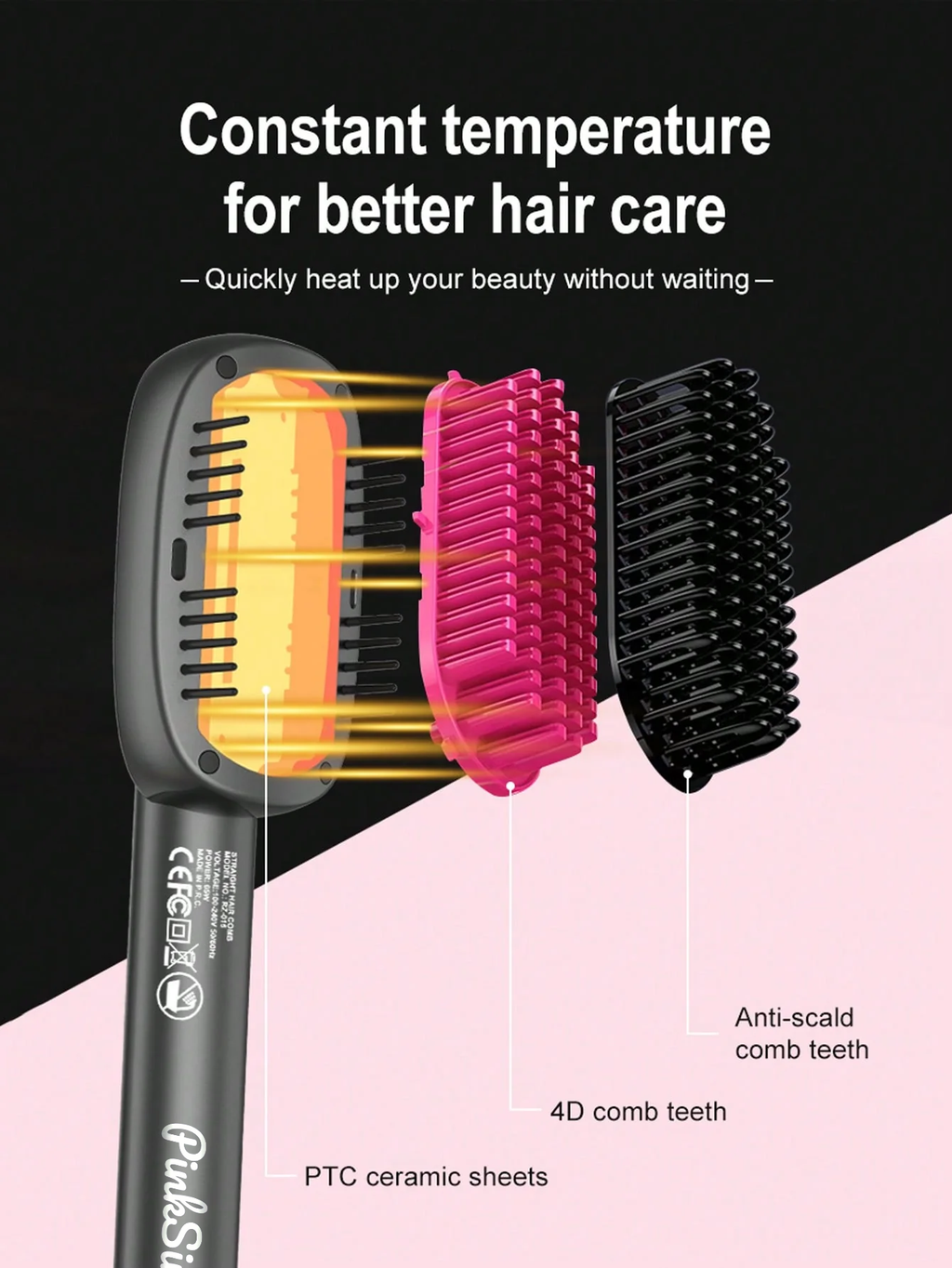 PinkSings Electric Hair Straightener Brush with Wider Panel